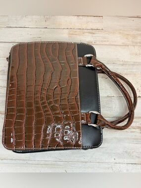 Large Black Brown Faux Alligator Print Bible Cover Double Handles Zipper Pockets